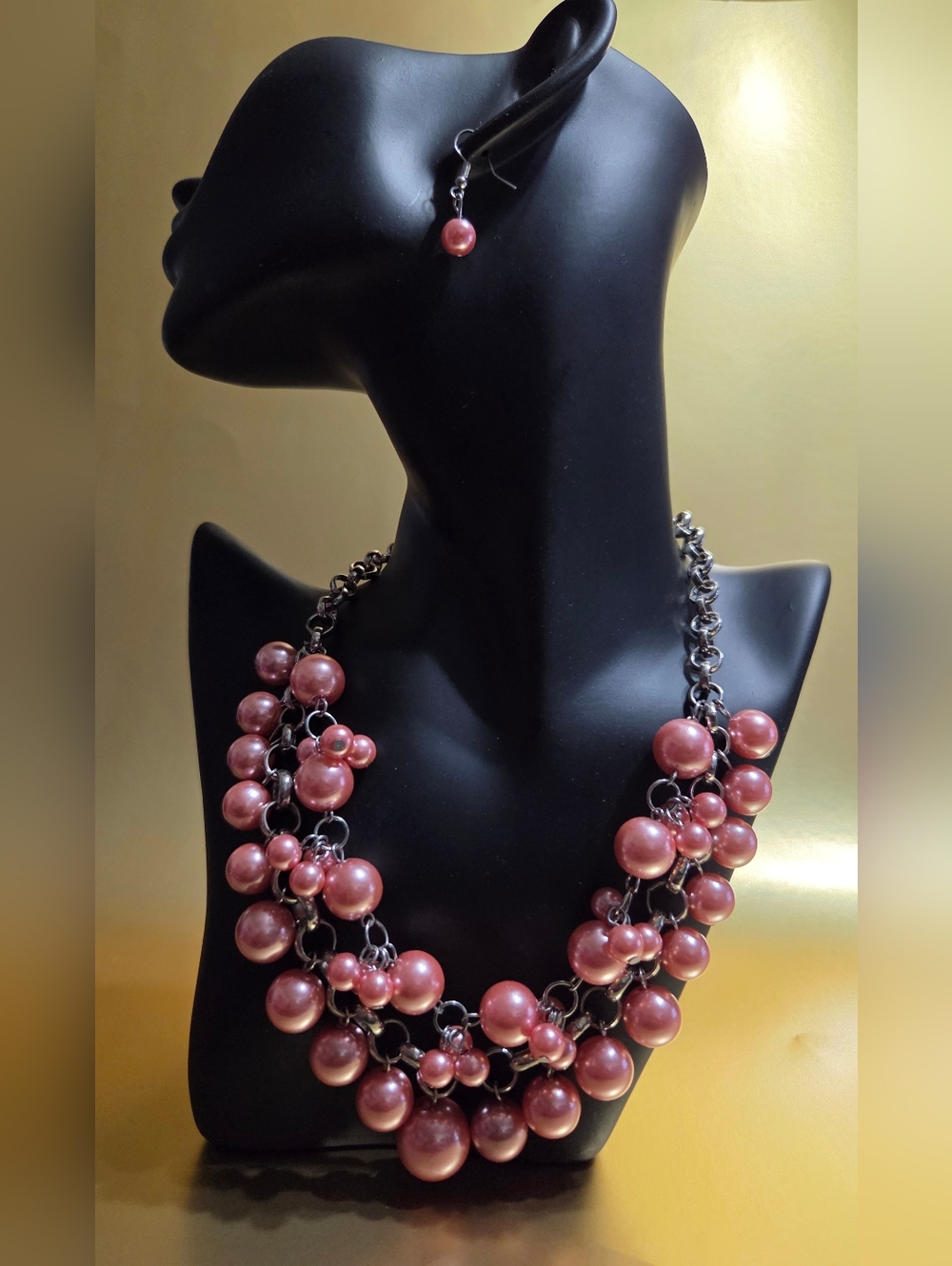 Statement Pink Pearl Cluster Necklace and Earring Set